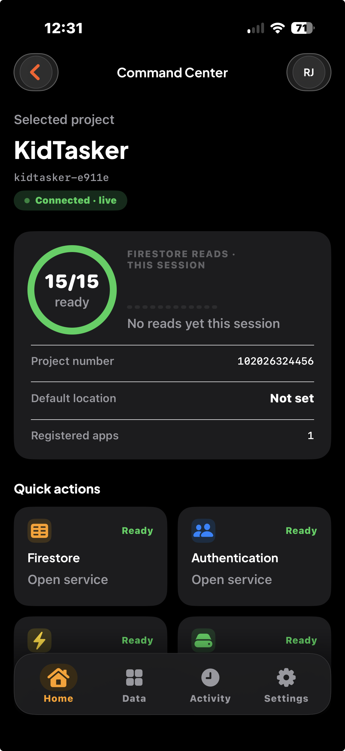 FireTap Command Center showing the connected KidTasker Firebase project, session read status, project details, and quick actions
